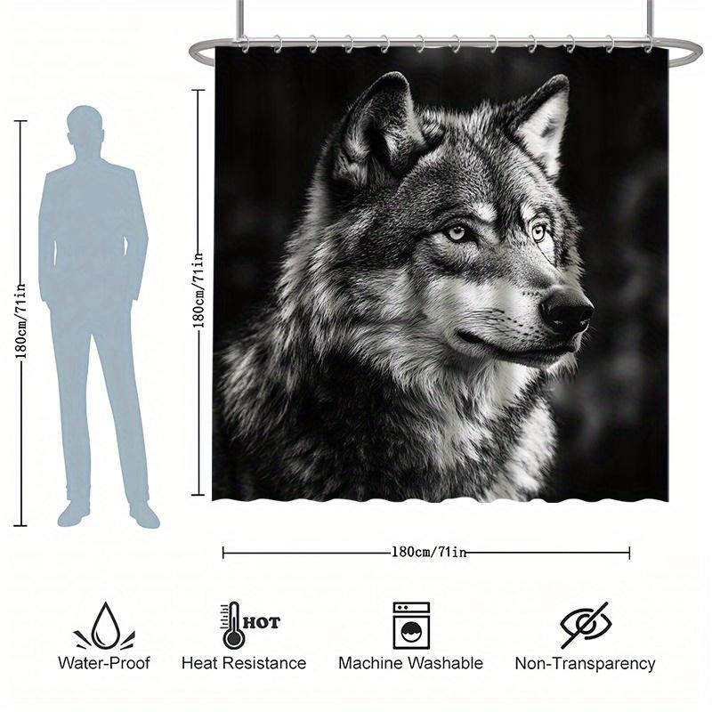 1/4 Set, Wolf King Gaze Shower Curtain Set, Ready To Use, Black And White Color Scheme, Polyester Fabric, With Non-Slip Bath Mat