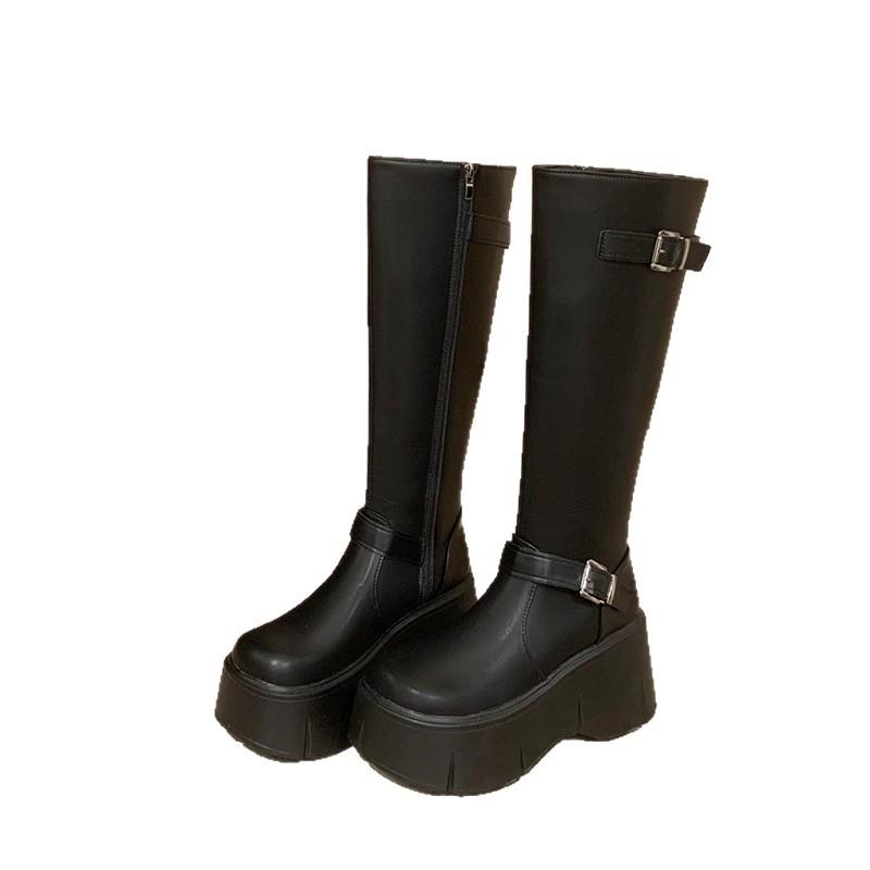 Small Slim and Tall Knight Boots Women's New Autumn French Black Thick-soled Boots