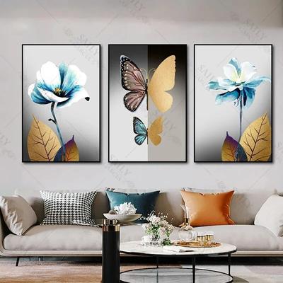 3 st Abstrakta Guld Fjäril Blomma Canvasmålning Modern Sovrumsinredning Väggkonst Bild för Vardagsrum Geometriskt Tryck r
