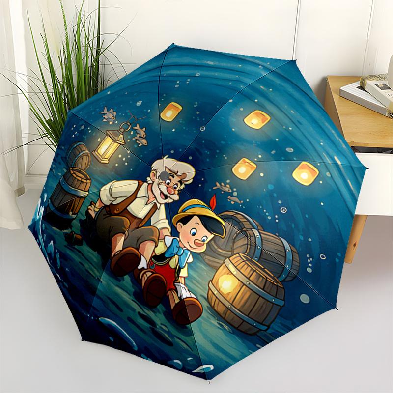 1pc Pinocchio and Grandpa in the Whale's Belly Pattern Automatic 3-Fold Umbrella, 8 Iron Frames, High-Value Folding Umbrella, Suitable for O