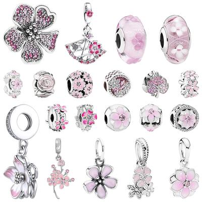 Sparkling Pink Cherry Blossom Daisy Flower Clip Beads DIY Jewelry Gifts for Women Bracelet Charms