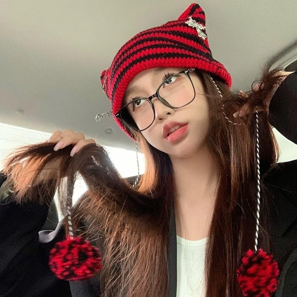 Cute Knitting Striped Devil Ear Casual Cap Japanese Beanie Hat Bonnet Hats Knitted Wool Caps
