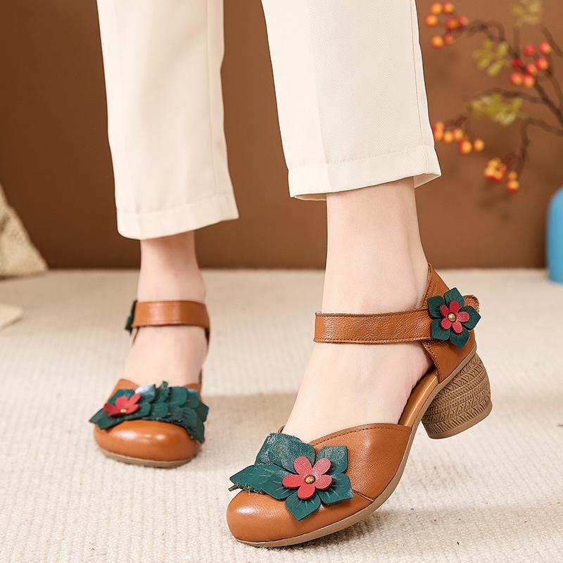 GKTINOO 2025 Ethnic Style Comfortable High Heels Women Summer Sandals Flower Genuine Leather Mom Women's Shoes Non-slip