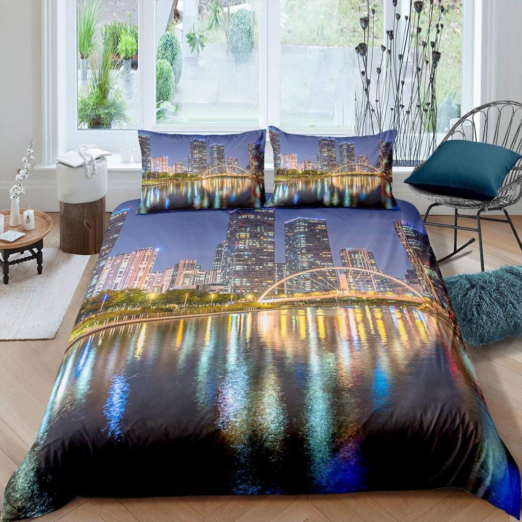 Cityscape Duvet Cover Set New York City Night View Quilt Cover For Boys Adults Microfiber Building Bedding Set 2/3Pcs King Size