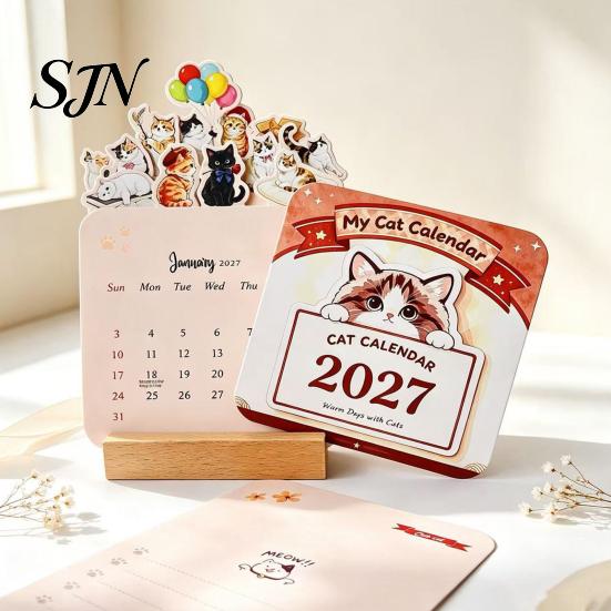 Monthly Planner For 2027 Flower Desk Calendar, English Tabletop Calendar with Wooden Base, Floral & Cat Decorative for Office Home Desktop Cute