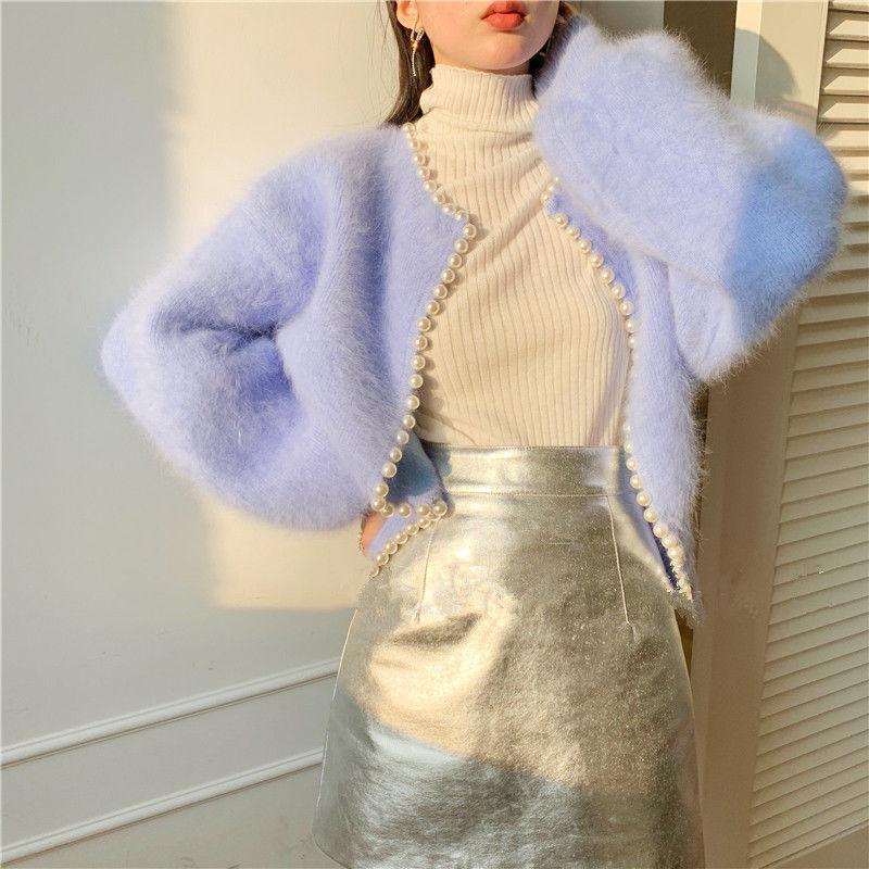 2022 Ladies Pearl Knit Lantern Sleeves Imitation Mink Fleece Sweater Cardigan Jacket Women