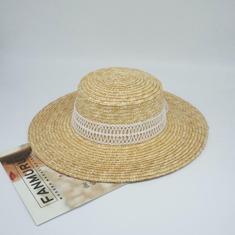 Export Foreign Trade Single Summer Female Japanese Black Flat Top Top Top Hat French Pearl Sunshade Holiday Beach Sun Straw Hat