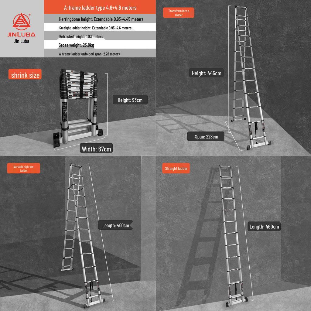 Jinluba Aluminum Telescopic A-Frame Ladder - Thickened, Stainless Steel, Bamboo Joint, for Household & Engineering Use