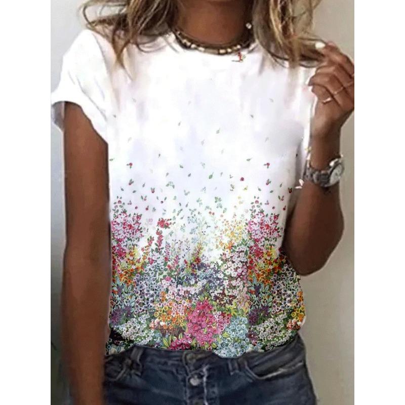 Summer Round Neck 3D Flower Print Top Fashionable Casual Short Sleeved Women's T-shirts