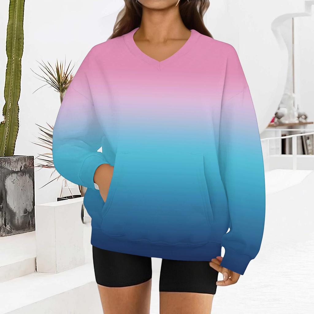 Damenmode Sweatshirt mit Farbverlaufdruck, langen Ärmeln und V-Ausschnitt