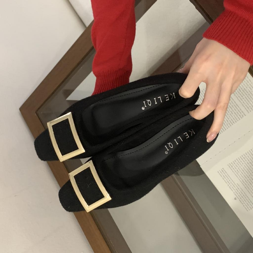 2025 Autumn and Winter New Round Head Thick Heel Metal Buckle Commuter Work Suede Women's Single Shoes