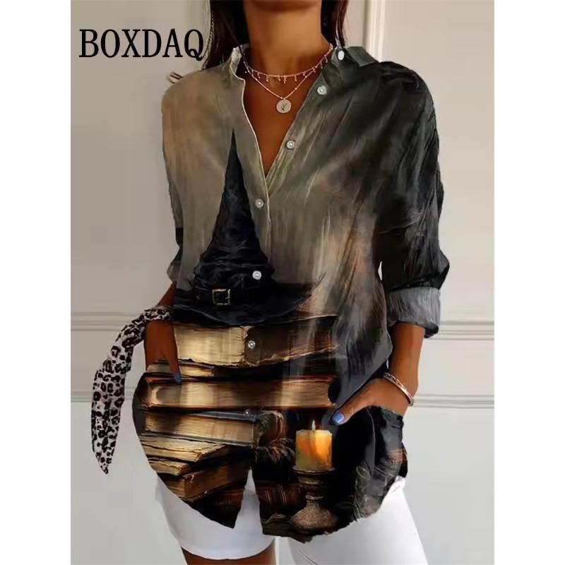 Women's Halloween 3D Witch Bat Print Blouse 2025 Autumn Fashion Long Sleeve Tops Trendy Loose Casual Lapel Party Shirts