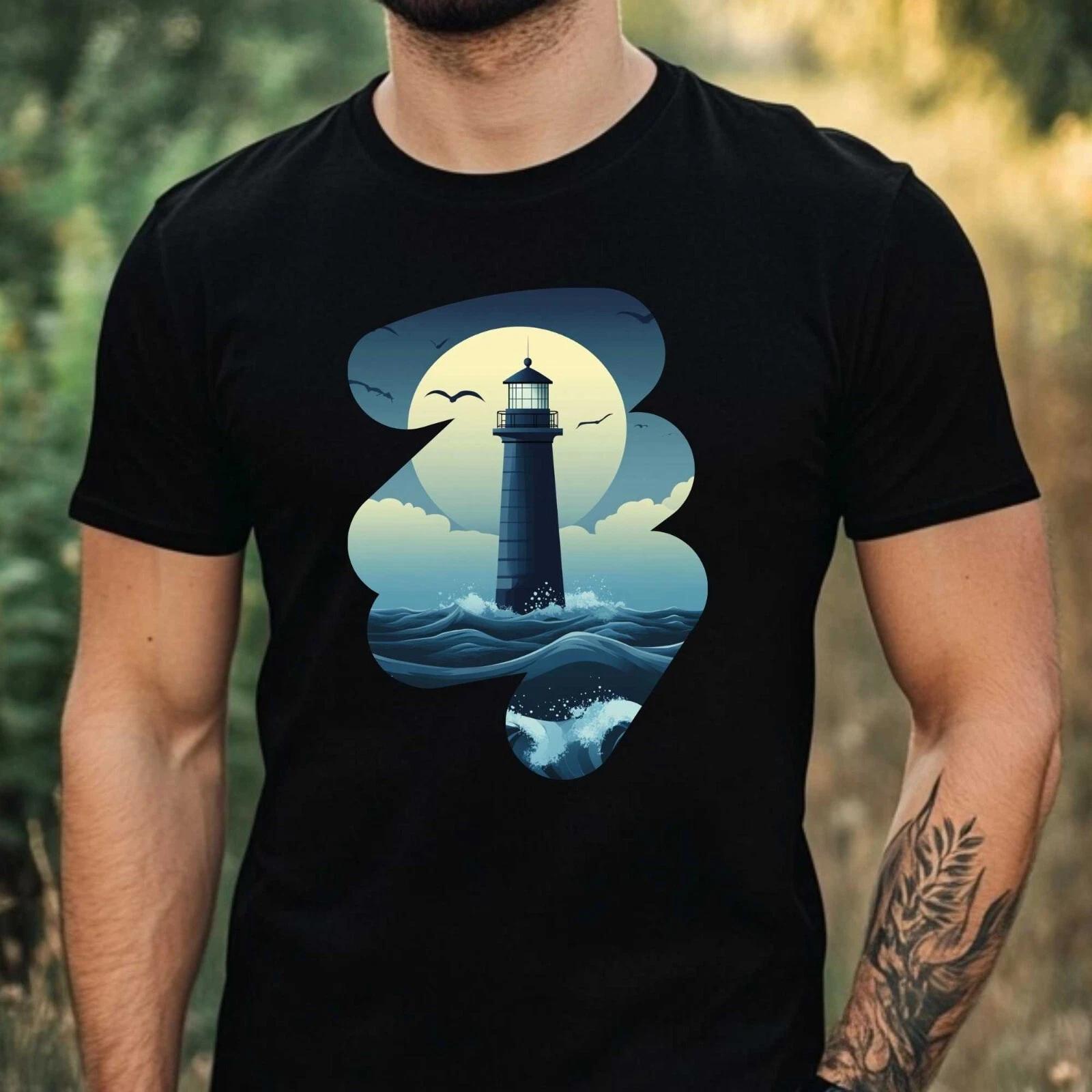 T-Shirt Herren Blauer Leuchtturm Motiv Baumwolle Größe XS bis 5XL S