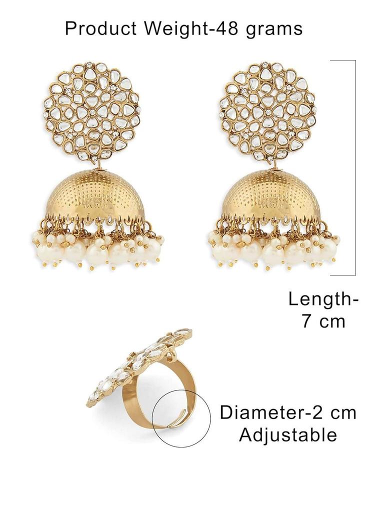 Antique Gold Tone Traditional Kundan Jhumki Earrings and Ring Set for Women