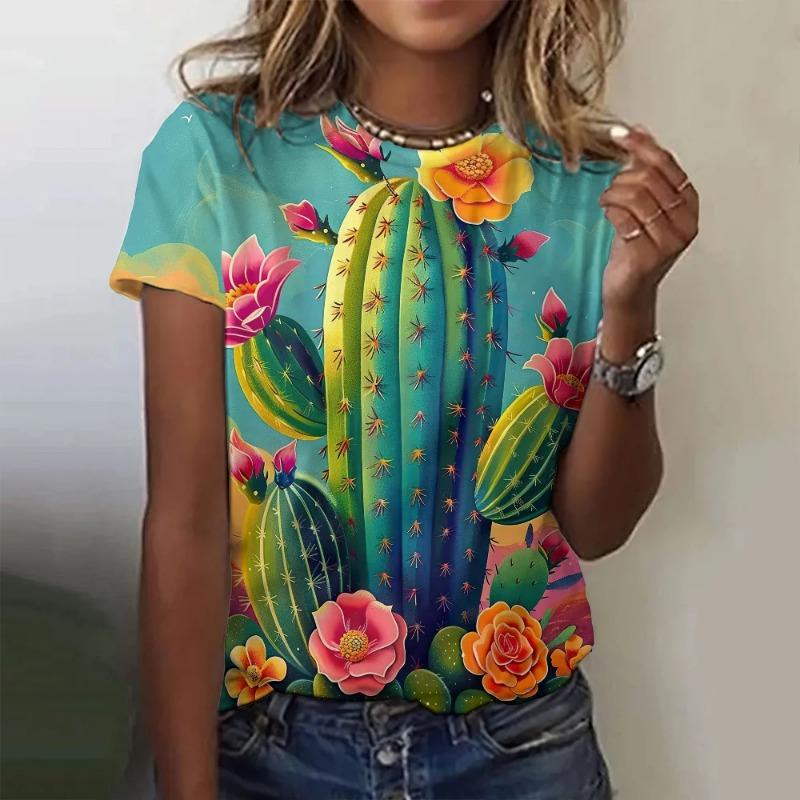 

Летняя футболка свободного кроя с принтом в виде 3D-мультяшного персонажа, модный топ с рисунком кактуса, круглый вырез, короткий рукав, женская футболка 6XL
