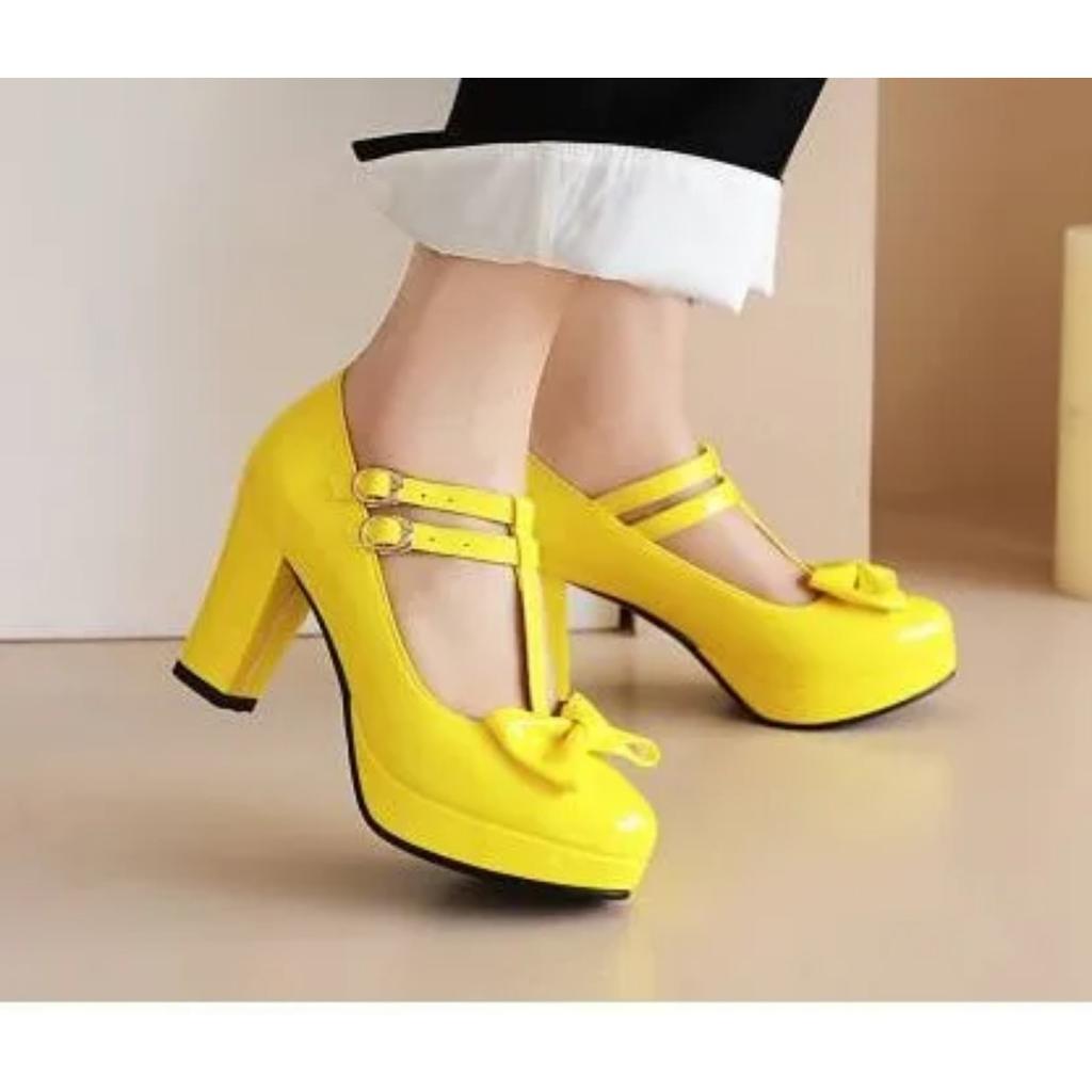 Women Mary Jane Shoes Lolita High Heels Bow T-Strap Platform Pumps Thick Heels Shoes Princess Wedding Party Shoes Plus Size33-46