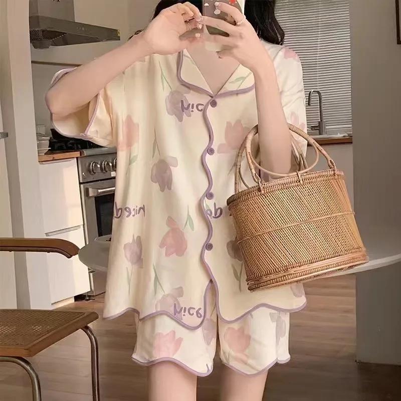 Pajamas Female Summer Cartoon Young Ladies Students Cardigan Short-Sleeved Shorts Thin Section Homewear Two-Piece Suit