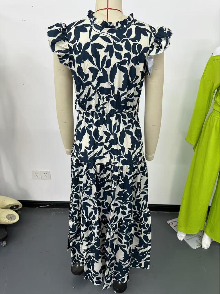 2026 New Summer Fashion Women's Ruffled Flutter Sleeve Lace-Up Printed Fairy Dress
