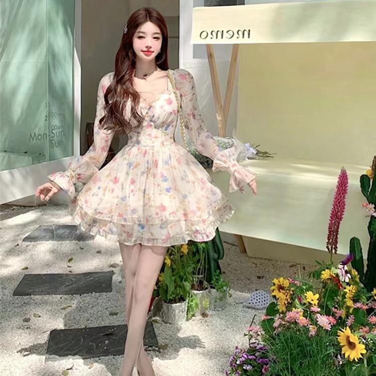Original practice + chest pad + lining, super fairy temperament sweet girl dating dress, heavy industry high waist and thin floral skirt