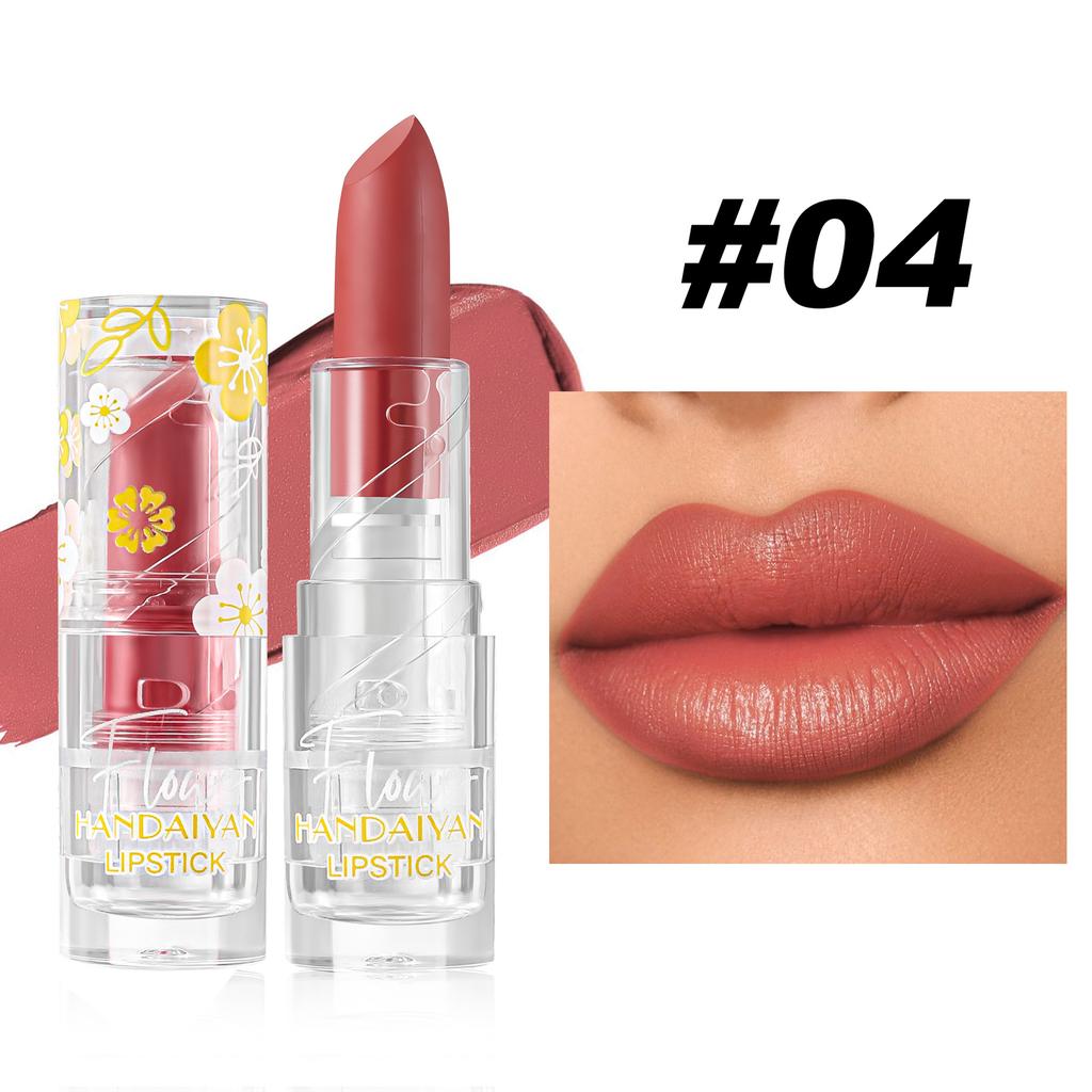 HANDAIYAN Velvet Matte Lipstick, Waterproof Long-Lasting Moisture Lip Makeup, Pigmented Smooth Nude Red Lipstick in Clear Floral Tube, Cosmetic