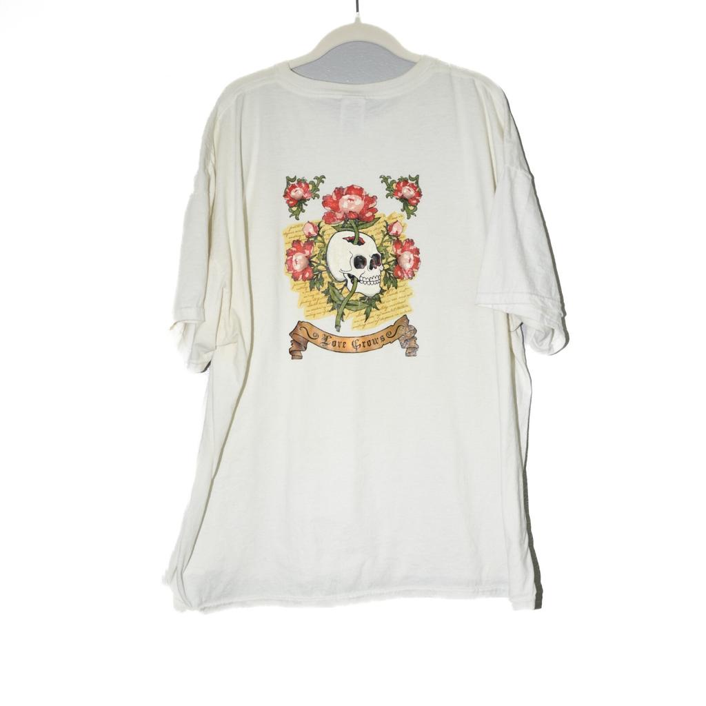 Jerzees Mens T-Shirt White Cotton Love Grows Skull Flowers Graphic Tee 3XL