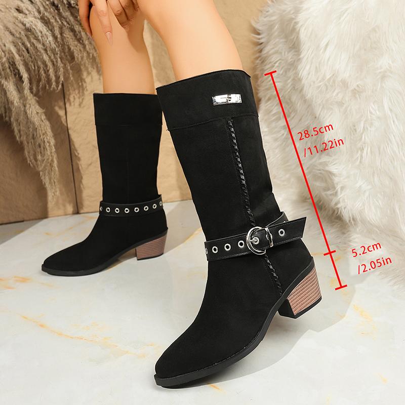 

Fashion Belt Buckle Thick Heels Western Boots Women Retro Slip On Pointed Toe Knee High Boots Woman Plus Size Knight Long Botas Mujer 35 чёрный