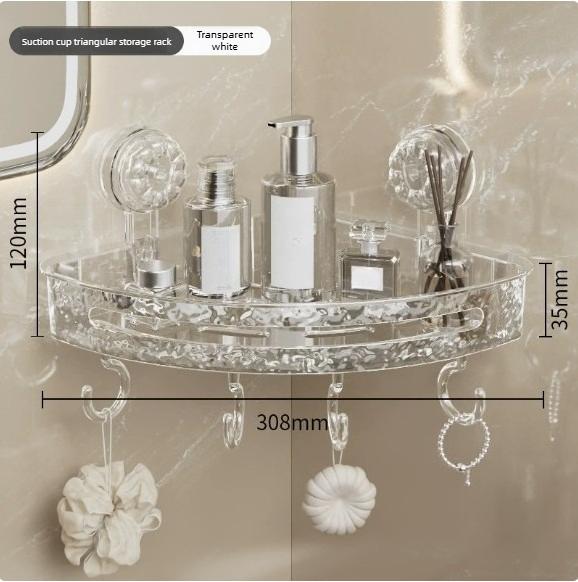 A suction cup style corner shower storage rack, a wall storage rack that does not require drilling, using a transparent triangul