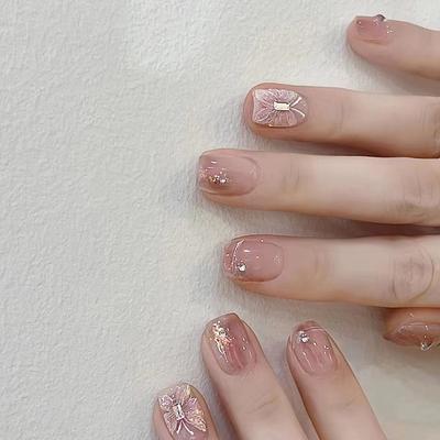 24 Pcs Kurze Blush Aurora Diamant Schmetterling Nail art Süße Mädchen Ins Wind Tragen Nail art