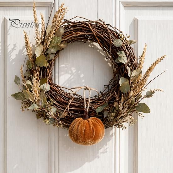 Retro Autumn Home Decorations Velvet Pumpkin Hanging Decor, Fall Harvest Ornaments with Decorative Pumpkins Hemp Rope Jute Rope, Thanksgiving