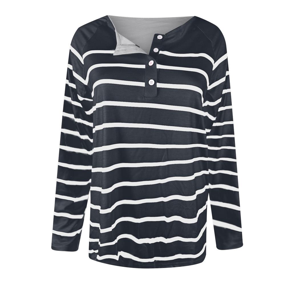 Ladies Casual Striped Round Neck Button Casual Loose Long Sleeve T-Shirt