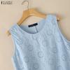 ZANZEA Women Casual Round Neck Sleeveless Lace Crochet Patchwork Loose Vest Tops