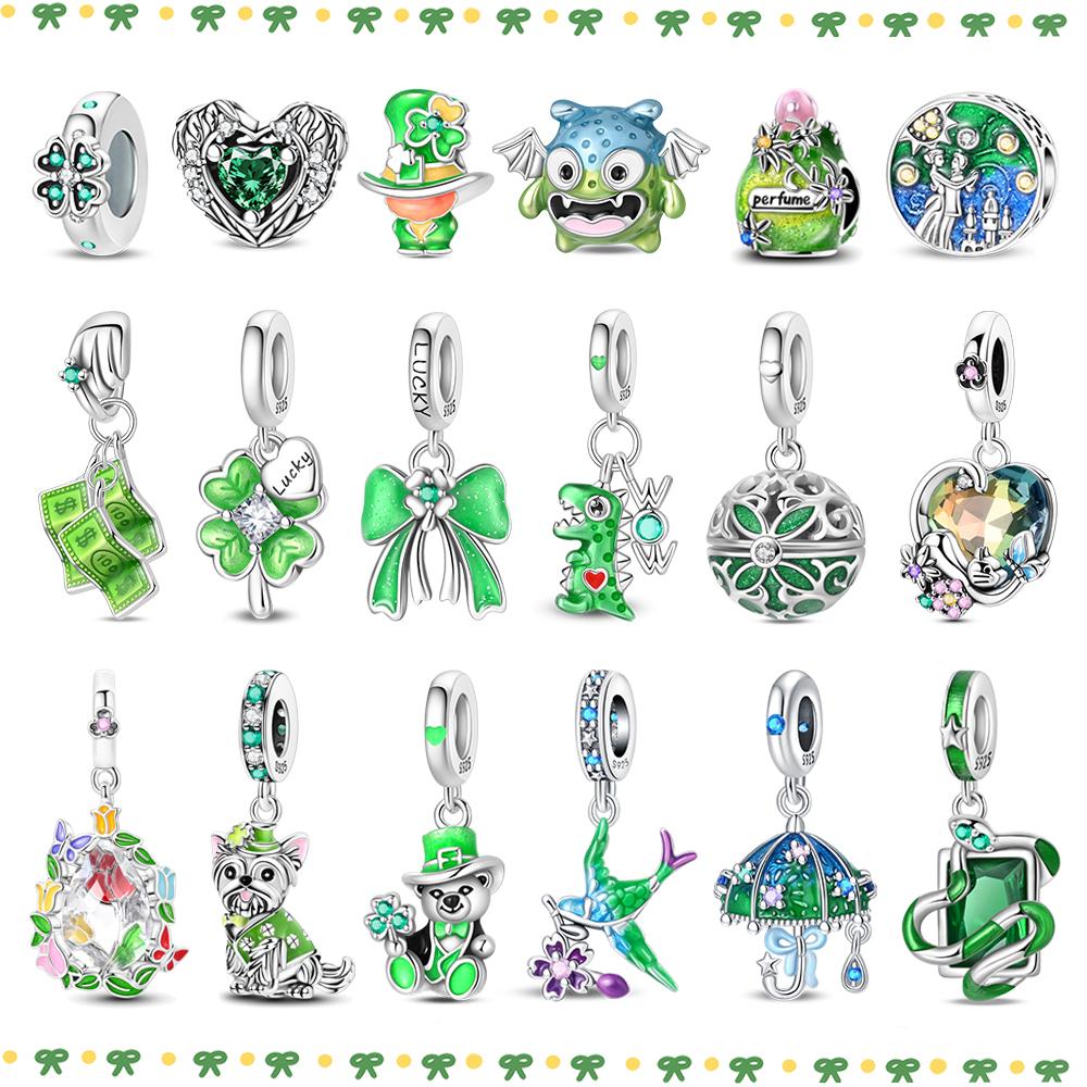 Green Series 925  Silver Dinosaur Bow Puppy Swallow Umbrella Four-Leaf Clover Charm Fit DIY Bracelet Necklace Party Gift