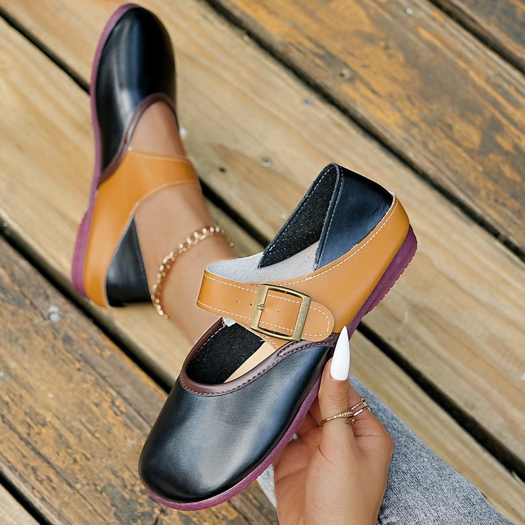 Außenhandel Retro Rundkopf Farbabstimmung Große Schnalle Weiche Sohle Bequeme Einzelne Schuhe Herbst Flacher Boden Lässig Leichte Mund Einzelne Schuhe