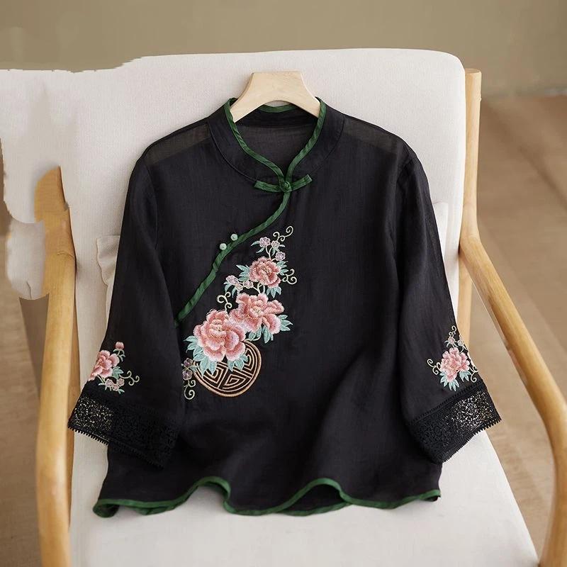 Women Chinese Style Floral Embroidered Mandarin Collar Three Quarter Sleeve Linen Cotton Blend Blouse