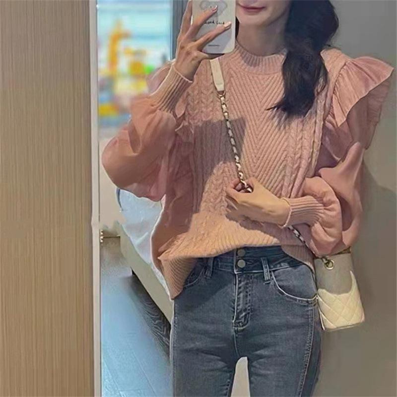 Bubble sleeves ruffle edge splicing design sense sweater spring and autumn loose top knitted sweater femininity gentle wind