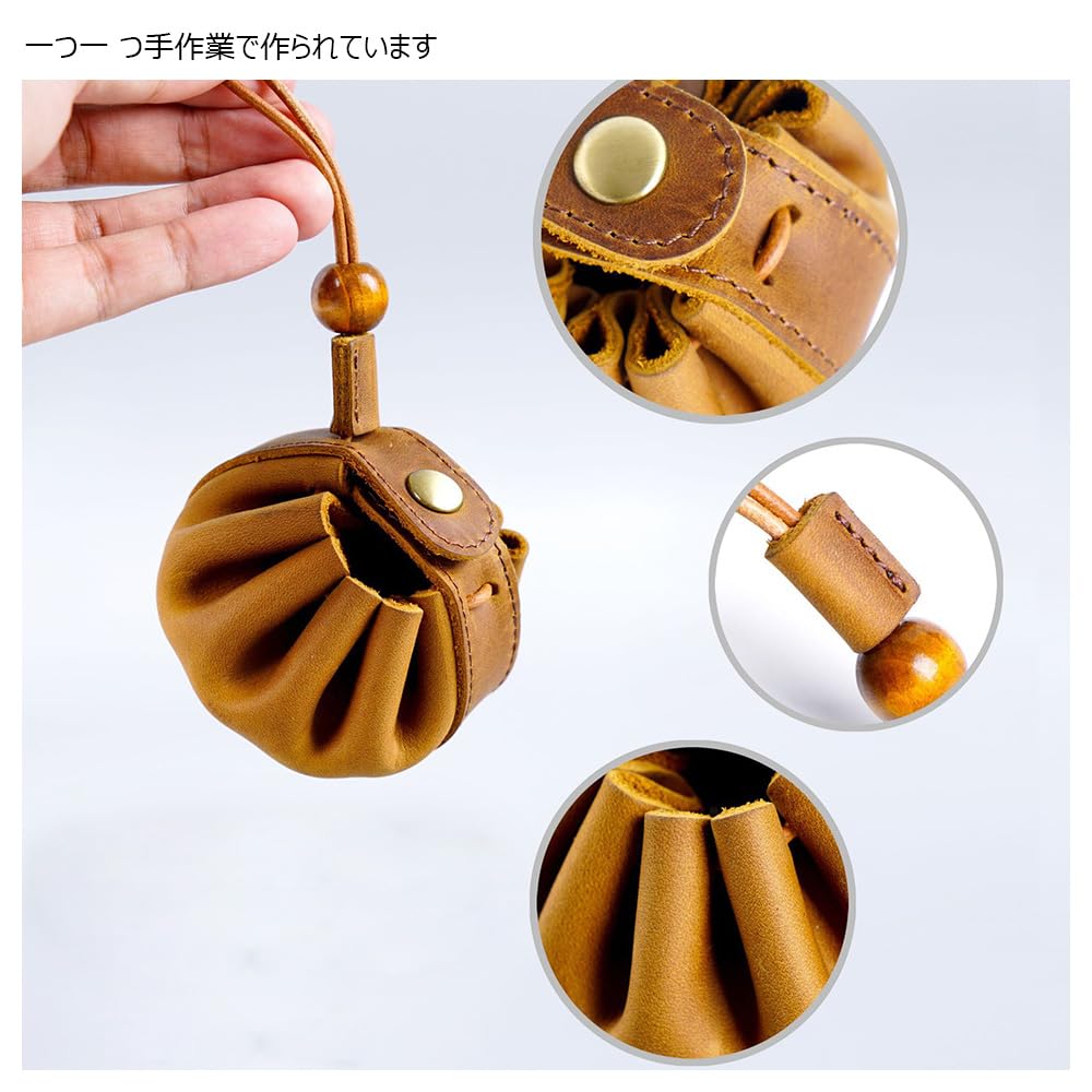 Whatna Natural Cowhide Handmade Coin Purse Coin Case Mini Sacoche Carabiner Pouch Thick Leather Genuine Leather Mini Drawstring Bag Mini Jewelry Box
