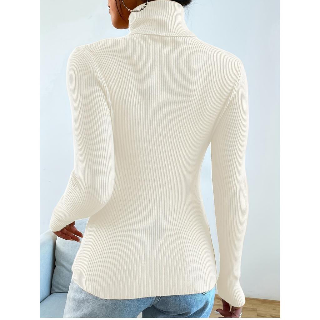 New Women's Solid Turtleneck Sweater, Long Sleeve Pullover Knit Top Casual Basic Base Layer for Women, European American Fashion