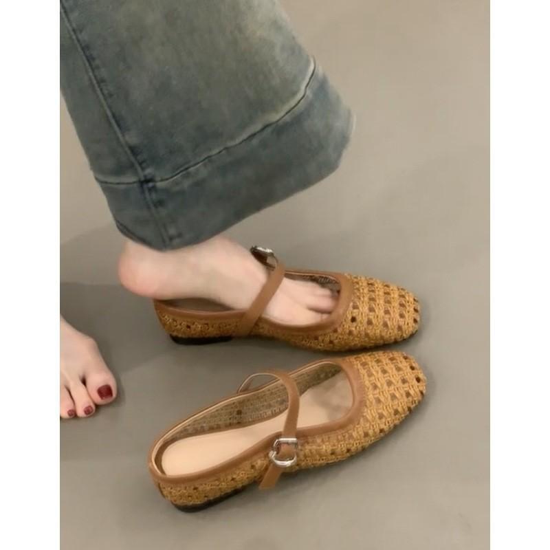 Vintage woven hollow word with thick heel bag head half slippers women's sandals Muller Mary Jane