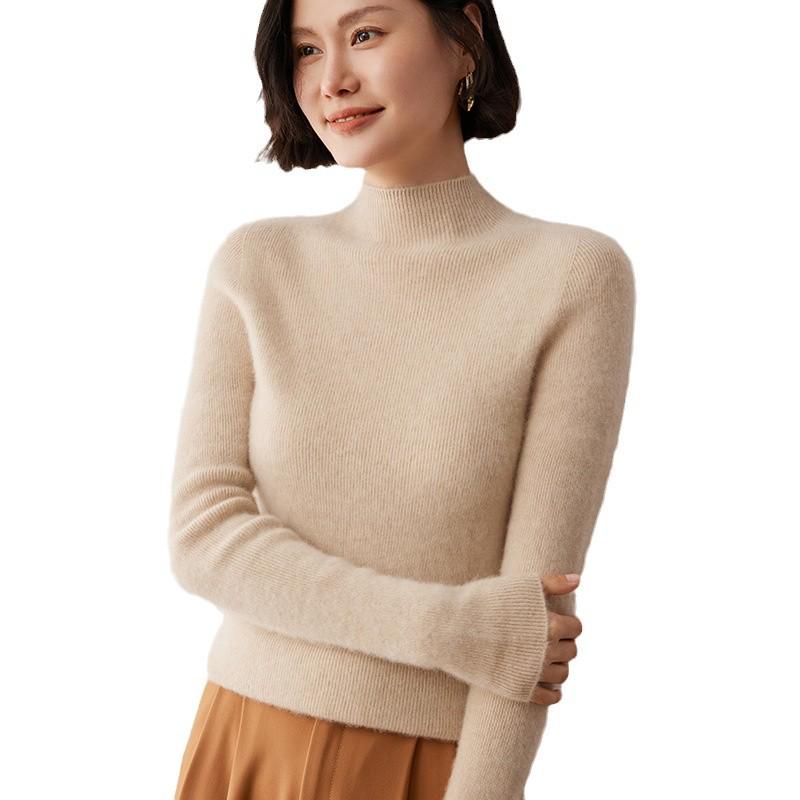 Women's Ribbed Cashmere Half-High Neck Sweater - 2024 Autumn/Winter Tight-Fit Knit Base Layer