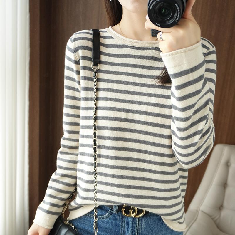 Spring and Autumn Women Cotton Sweater Curled O-neck Strip Pullover Winter Casual Knit Clothing Soft Bottoming Sweater Tops