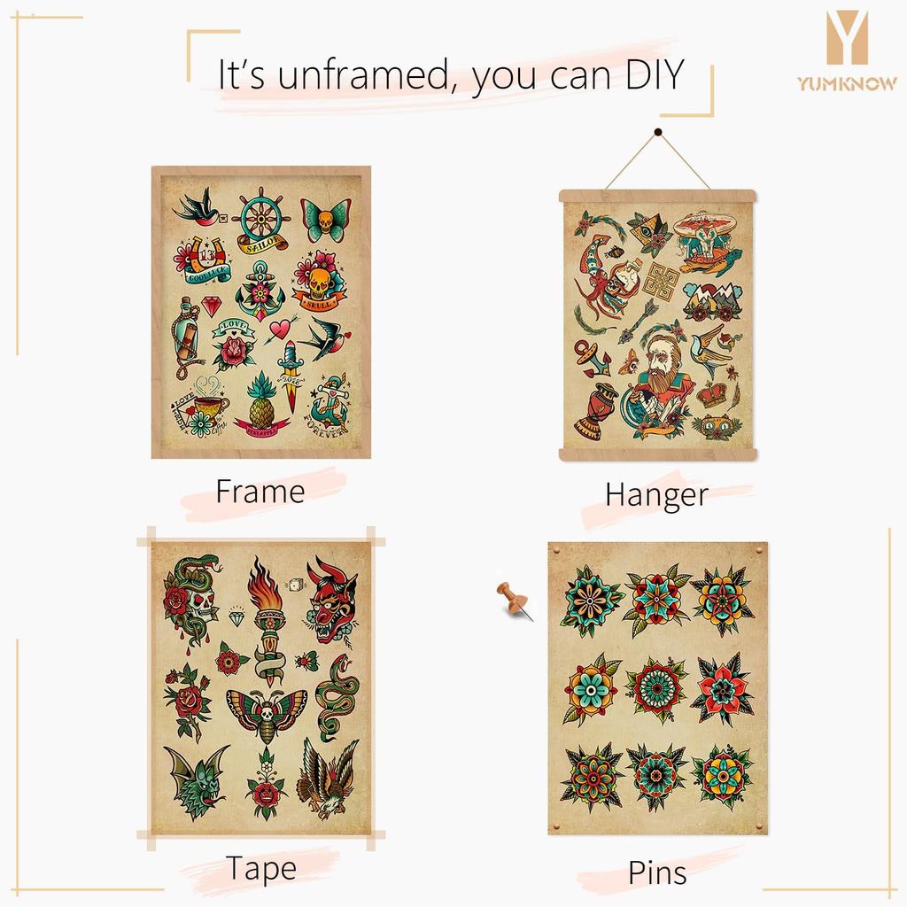 Tattoo Shop Wall Decoration - Old School Tattoo Pictures - Vintage Tattoo Poster Picture Set - Gift for Tattooist - Tattoo Flash Wall Art & Decor -