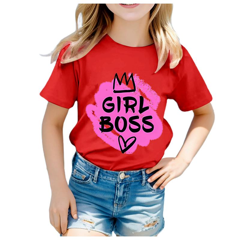 Crown Letter Printed Shortsleeved Roundneck Black White Red and Pink Tshirts for Boys and Girls in Summer Kids Clothes