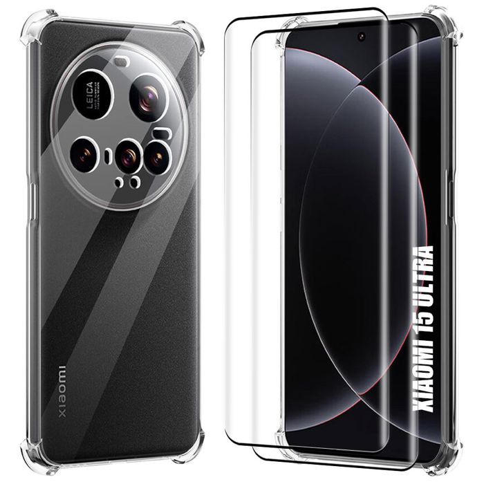 Coque + 2 Verres Trempés pour Xiaomi 15 Ultra, Protection 4 Coins Renforcés Silicone Transparent