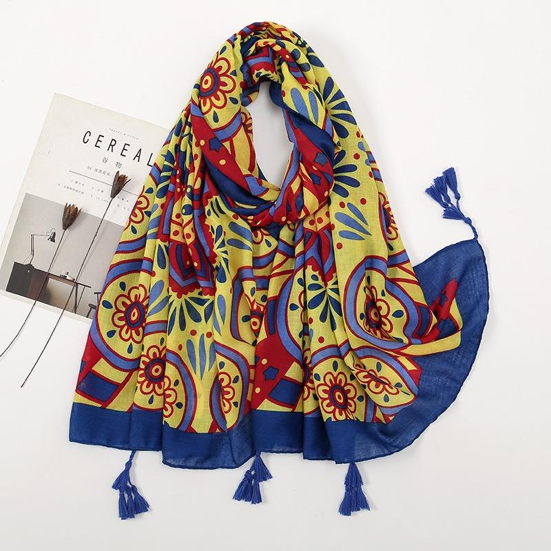 Spring and Autumn New Bali Yarn Tassel Retro Printed Geometric Scarf Versatile Fashion Travel Sunscreen Shawl Silk Scarf Women