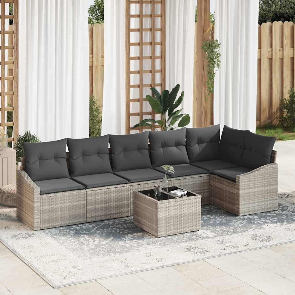 7 Piece Sofa Set with Cushions Light Grey Poly Rattan