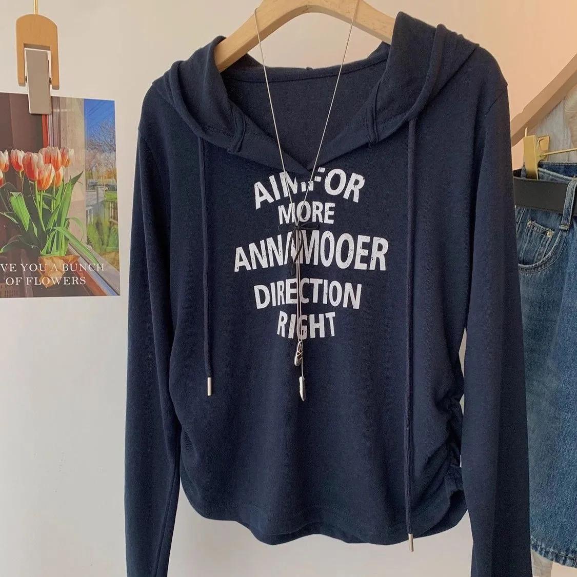 Sweatshirt for Women Hooded Loose V Neck Solid Color Casual Pullover Long Sleeve Winter Sweatshirt Top XXL темно-синий 1490₽