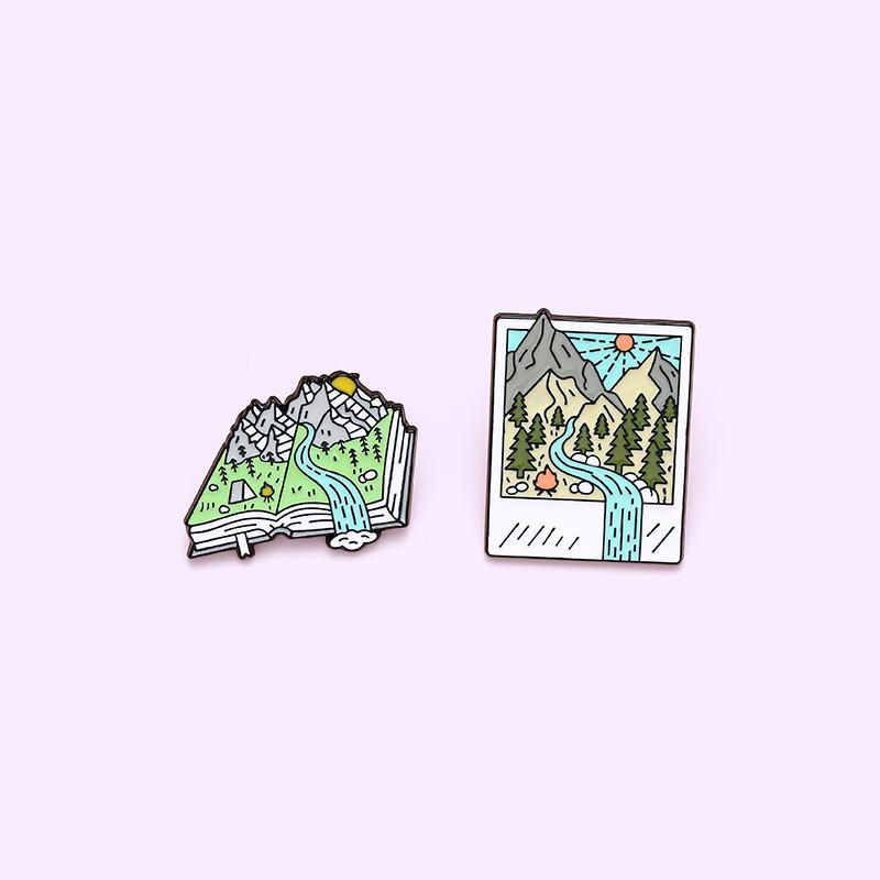 Geometric Cartoon Design Landscape Brooch Colorful Book Pin For Trendy Personal Accessories