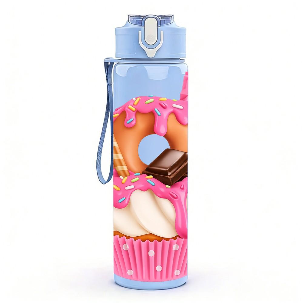 1PC Cupcake Cartoon Pattern 750ml Color Plastic Sports Water Bottle Leakproof Flip Straw Lid Suitable for Sports Office Home Use