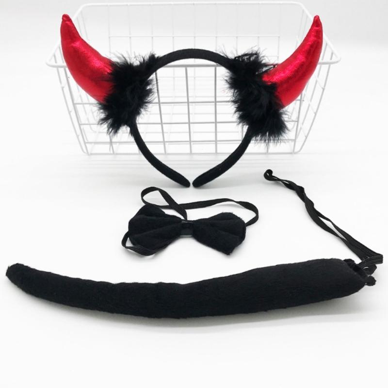 Devil Costume Kits Halloween Party Prop Devil Ears Headband Bow Tie Tail Set Cosplays Performances Prop for Women Kids