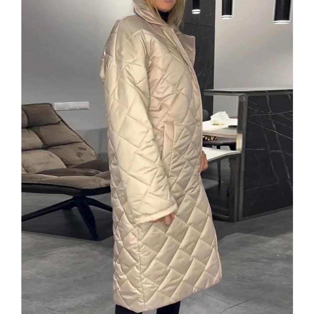 Jachetă Lungă Matlasată Solidă de Modă Femei Largă Rever Un Singur Rând Stradă Palton Călduros Toamnă Iarnă Lady Îmbrăcăminte Exterioară